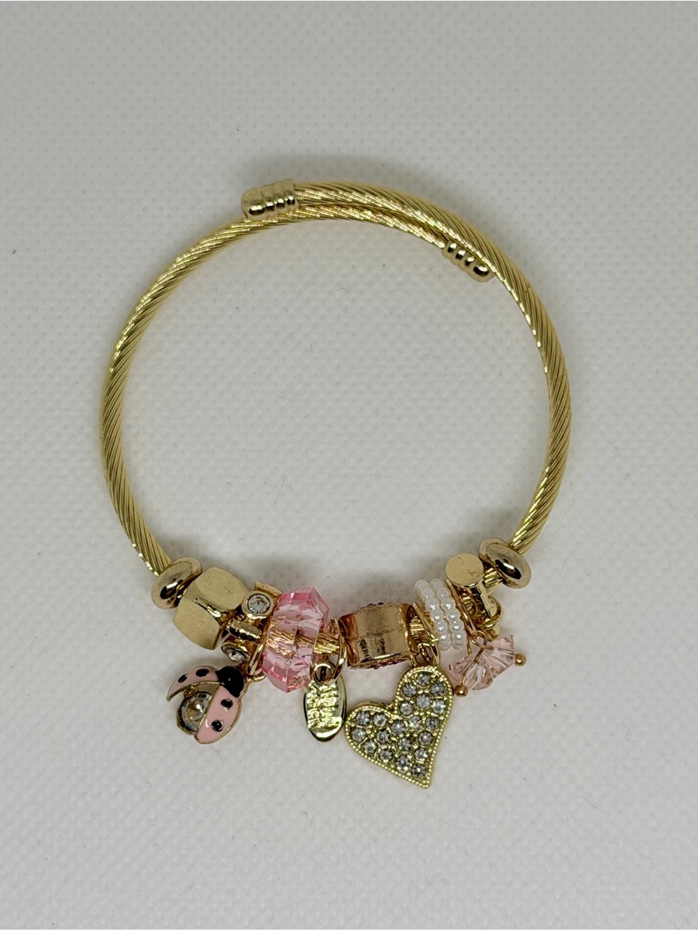 Gold-Tone Pink Crystal Heart Charm Bracelet